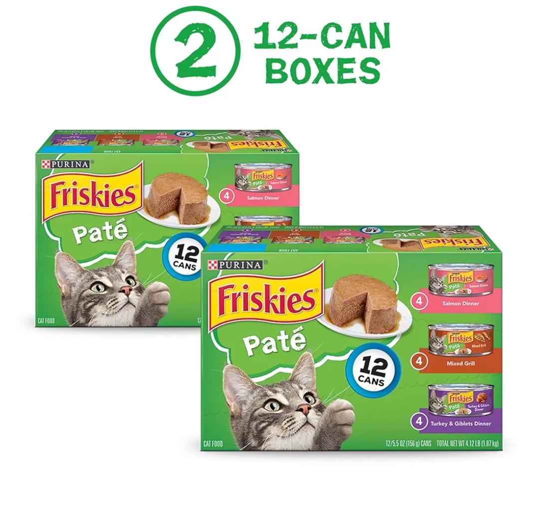 Purina Friskies Wet Cat Food Pate Variety Pack Salmon Dinner, Turkey and Giblets Dinner and Mixed Grill - (2 Packs of 12) 5.5 oz. Cans, BB JAN 2027