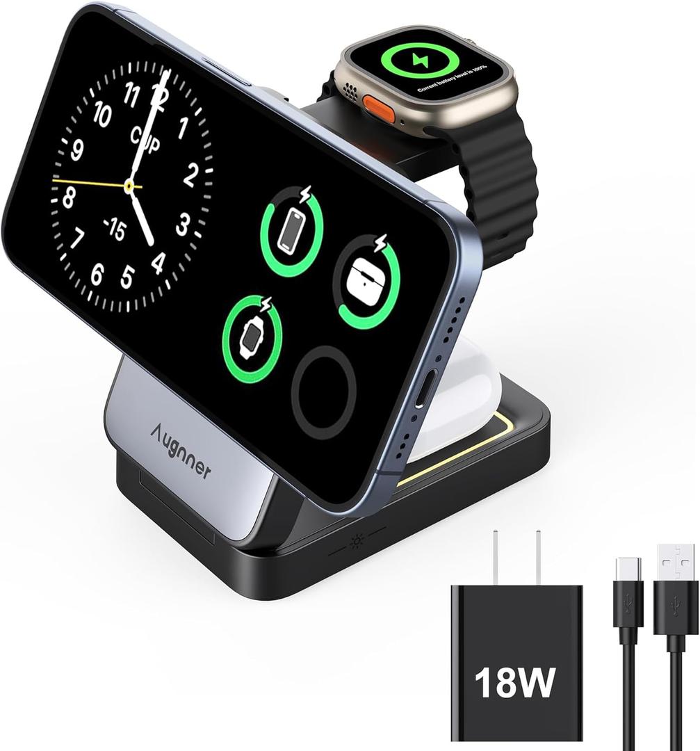 3 in 1 Charging Station for Multiple Devices Apple Compatible with Magsafe Charger Stand, 15W Foldable Cube Wireless Charger for 17/16/15/14/13/12 Series, Apple Watch, Airpod (Black)