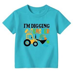 Vrytw Happy Easter Shirt Kids-Easter Shirt for Toddler Boys Cute Egg Excavator Toddler Short Sleeves A-Blue (Size 150)