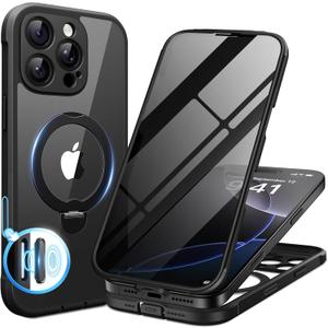 BERFY for iPhone 16 Pro Case, Compatible with MagSafe, Built in Privacy Screen Protector, Shockproof Full Body Phone Case for 16 Pro with Magnetic Stand, Clear Black
