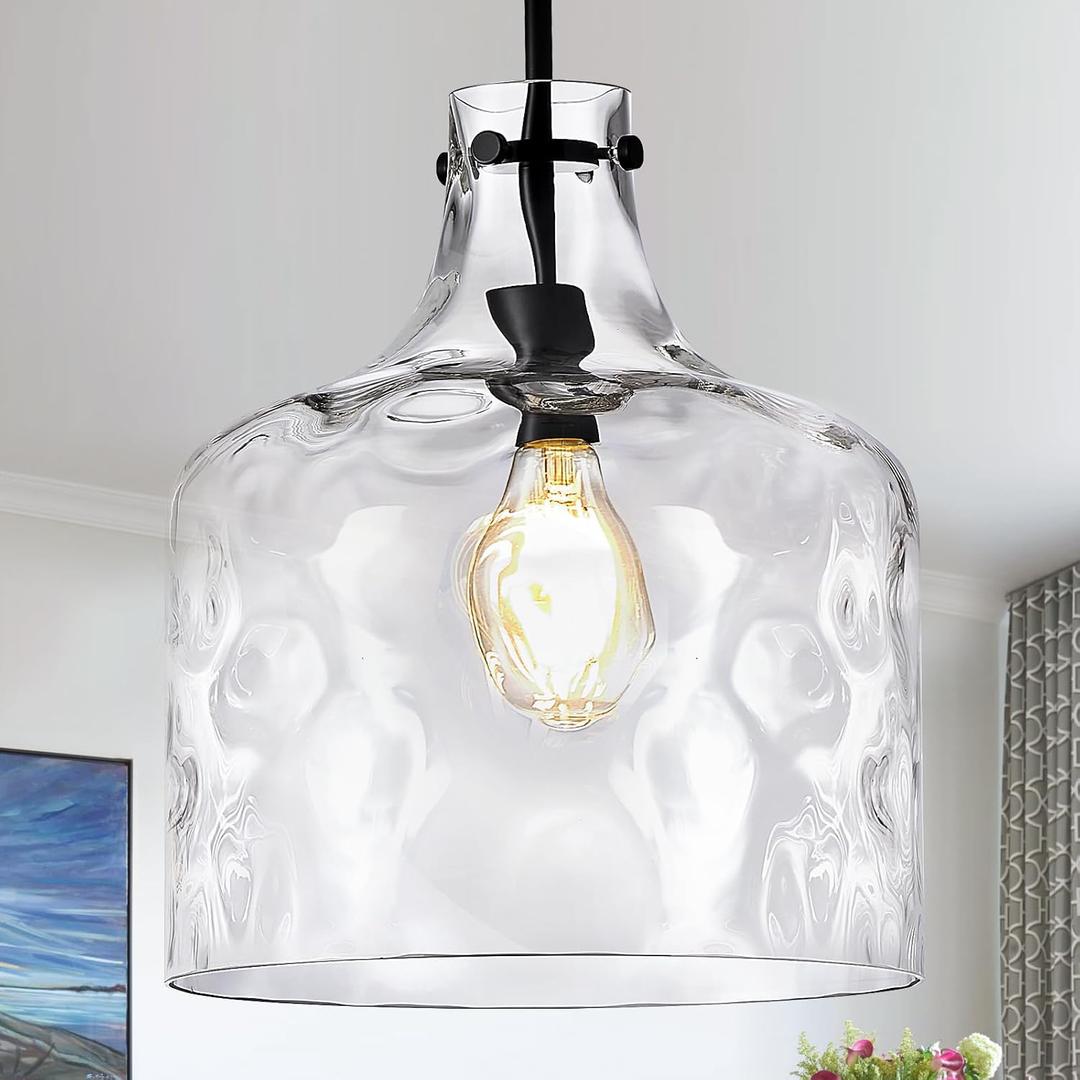 Extra Large 16" Vintage Farmhouse Pendant Light  Hand-Blown Clear Hammered Glass Shade, Adjustable Chain, Hanging Light for Kitchen Island, Dining Room, Hallway, Black Finish