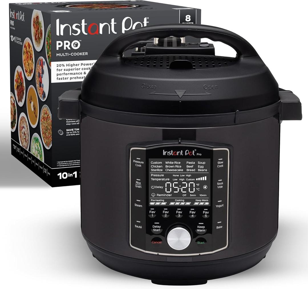 Instant Pot Pro (8 QT) 10-in-1 Pressure Cooker, Slow Cooker, Rice/Grain Cooker, Steamer, Saut, Sous Vide, Yogurt Maker, Sterilizer, and Warmer, Includes App With Over 800 Recipes, Black