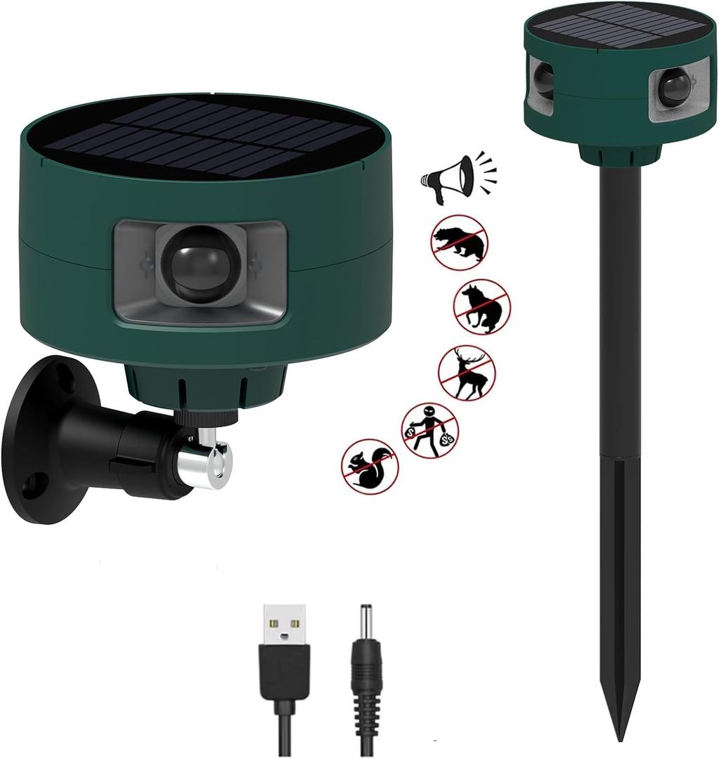 HULPPRE Solar Indoor&Outdoor Motion Sensor Alarm,Ultrasonic,360 Moton Detection,130db Noise Maker,4 Modes,Mount on Ground or Fence,Red Motion Activated Strobe Light,Say Goodbye to The Intruders