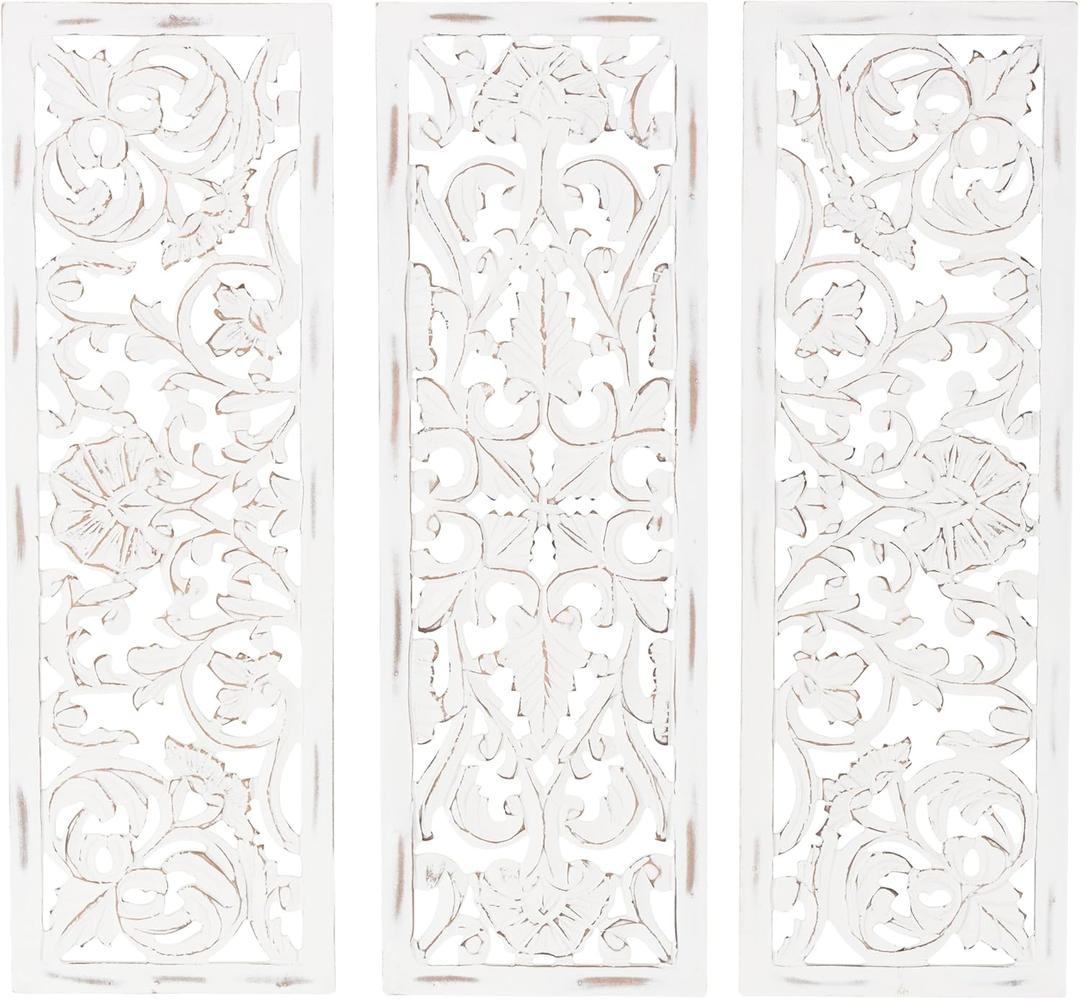 Deco 79 Wooden Floral Handmade Home Wall Decor Intricately Carved Wall Sculpture, Set of 3 Wall Art 12"W, 36"H, White