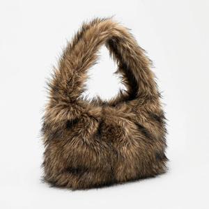 Verdusa Women's Y2K Faux Fur Fuzzy Shoulder Handbags Leather Chains Top Handle Underarm Bags Brown One Size