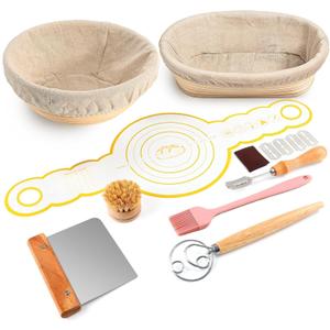 Bread Proofing Baskets Set of 2, 10 inch Oval & 8.5 inch Round Dough Proofing Bowls w/Liners Perfect for Sourdough Bread Baking, Bakers Baking, Gifts for Bakers, Bread Making Kit