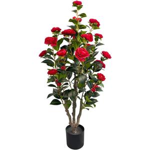 3.4ft Artificial Camellia Tree | Red Flowers & Green Leaves | Indoor Outdoor Decor, No Maintenance (1 Pack - Red)