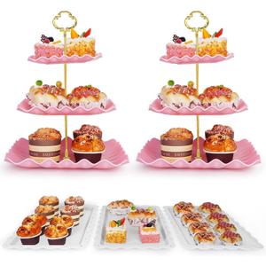 5 Pcs Dessert Display Stands, 2pcs Dessert Stands 3 Pcs Tray, Pink Dessert Display Stands, Treat Table Displays Set for Wedding Baby Shower Tea Party, Ease of Cleaning and Assembly