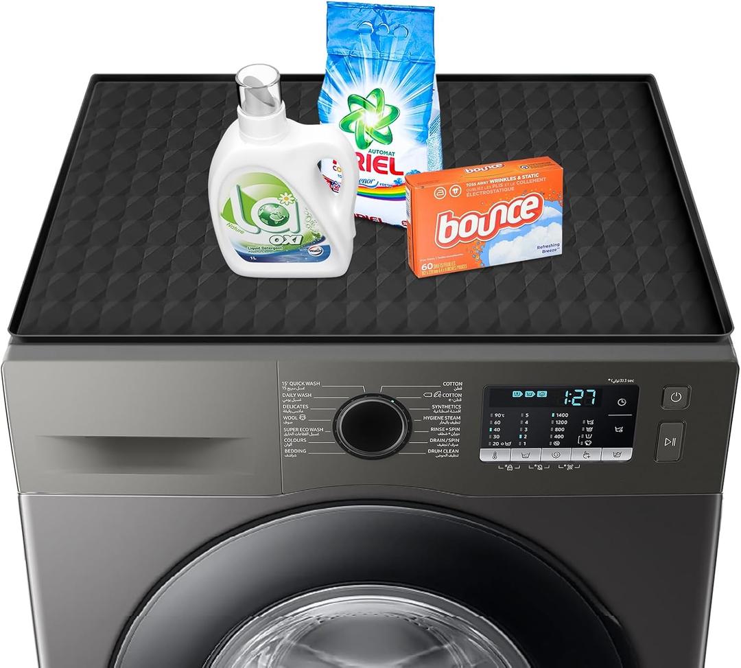 Washer and Dryer Covers for the Top, 25.6''x 23.6'' Silicone Dust Pad for Laudry Machine & Dryer,Non-slip Heavy Duty Waterproof Counter Top Protector Guards for Landry & Kitchen,Black (1PC)