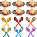 12 Pcs Colorful Wooden Maracas and 6 Pcs Mini Sombrero Hats - Mexican Fiesta Party Favors and Supplies for Carnivals