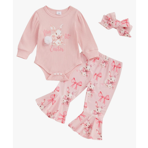 Afunbaby My First Easter Baby Girl Outfit Newborn Onesie Bow Shirt Bunny Romper Bell Botton Pants Summer Clothing Set Size 12-18M