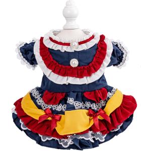 MengYu Small Dog Dress Cat Princess Costumes, Pet Birthday Clothes,Lolita Costume Dress for Puppy and KittenVelvet Pet Bodysuit Clothes for DailyAnniversaryIndoorOutdoor (Blue&Red, L)