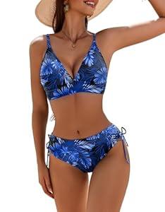 AI'MAGE Bikini Set for Women Triangle Floral Print Bikini Set Two Piece Swimsuit V Neck Bathing Suits Blue Leaves XL