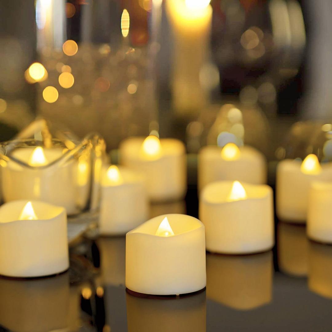 Homemory 48-Pack Novelty Flickering Flameless Tea Lights Candles, 200+Hours Battery-Operated LED Fake Candles for Wedding Table Centerpieces,Proposal,Anniversary, Ivory Base, 1.5''  H1.3'' (Warm White Glow, Ivory Base)