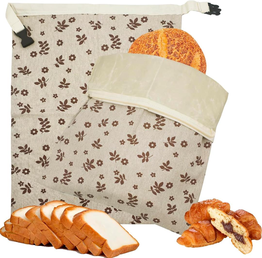 Reusable Beeswax Bread Bags(2ea), FDA Listed Plastic-Free Food Storage Bags, Zipper Closure, Flax Fabric, Moisture Proof, for Bread Toast Ciabatta (Brown Leaf)