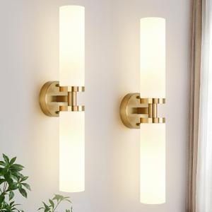 Indoi Wall Sconces Set of Two, Brushed Gold Bathroom Sconces Wall Lighting with Milky White Glass, Modern Sconces Wall Decor Set of 2 Bathroom Light Fixtures for Mirror Living Room Hallway Bedroom