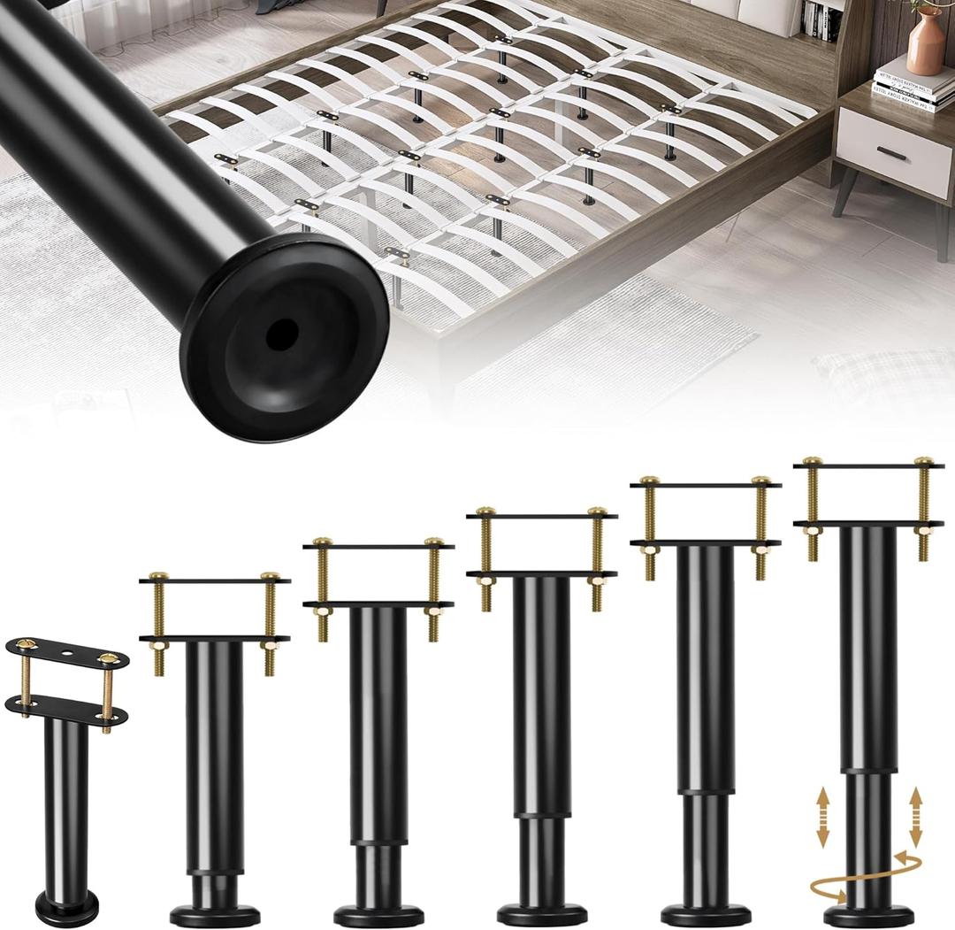 6 Pcs Adjustable Height Bed Support Legs, 6-9 Inch Metal Under Bed Frame Support Legs, Extra Sturdy Bed Legs Replacement Parts with Rubber Non-Slip Base for King Queen Frame Wooden Center Slat