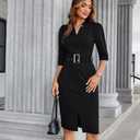 GRACE KARIN Women's Work Dress 3/4 Sleeve V Neck Bodycon Sheath Dress Zipper Up Office Business Dresses with Belt (Black, XXL)