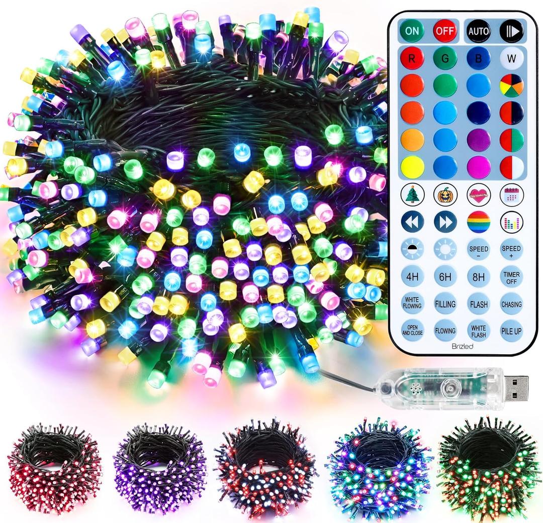 Brizled Color Changing Christmas Lights, 33ft 100 LED RGB Easter Light String with Remote, Dimmable Mini Light String, USB Indoor Decorative Lighting Party Xmas Tree Wreath Year-Round Holiday
