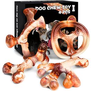 DBF 4 Pack Indestructible Dog Chew Toys for Aggressive Chewers Medium Small Breed - Durable Tough Dog Toy with Bacon Flavor, Heavy Duty Hard Nylon Dog Chew Bones for Large Dog Teething Cleaning (Brown1)