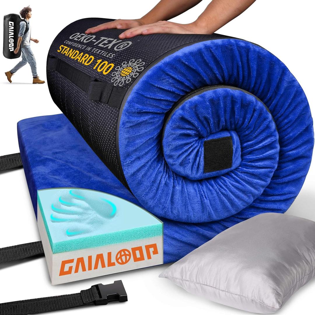 3 Inch GAIALOOP Thick Memory Foam Camping Mattress Sleeping Pad [Car/Tent/Cot] Glamping Portable Floor Mat Roll Up Futon Mattress for Guests Sleepover (Lapis Blue)