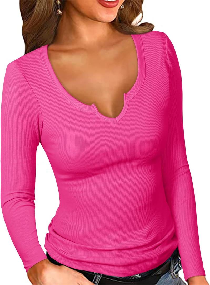 PALINDA Women Fitted Long Sleeve Shirts Ribbed Notch V Neck T Shirts Layering Tee Tops (Pink, S)