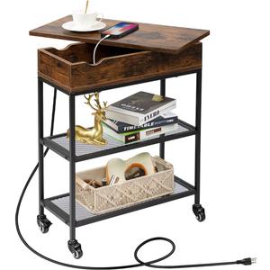 Hadulcet End Table with Charging Station & Rotating Top, Couch End Table, Rotating Swivel Top Side Table for Living Room & Bedroom, Narrow Rolling Side Table on Wheels, Skinny Nightstand, Rustic Brown