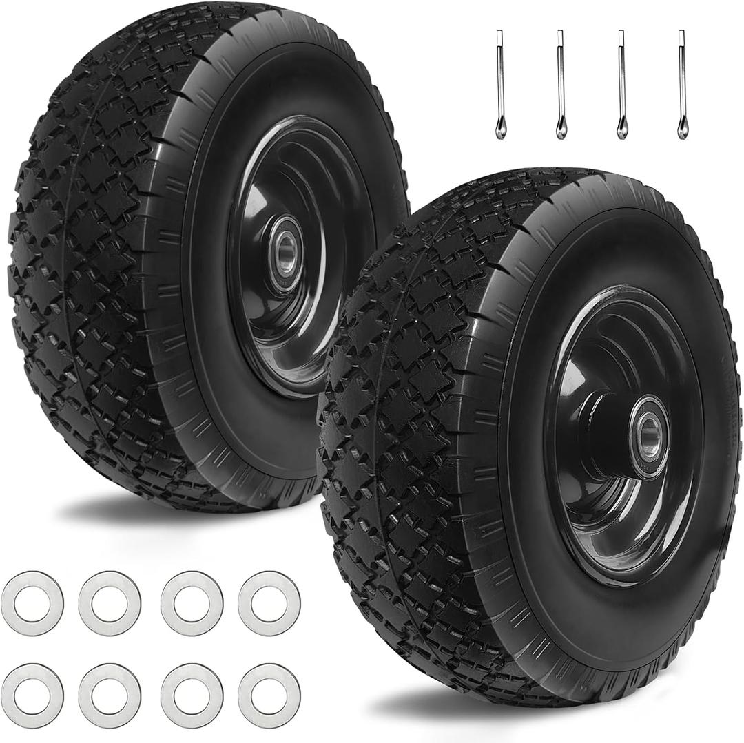 12'' Flat Free Tires Rubber Replacement Solid Tire, 2.1" Offset Hub Wheel Assemblies for Garden Cart Wheelbarrow, 3.5" Wide Polyurethane Tires with 5/8 Inch Axle Bore Hole (410/350-6)