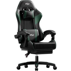 HLDIRECT Gaming Chair with Footrest, Lumbar Support & Headrest, Black&Green, Standard