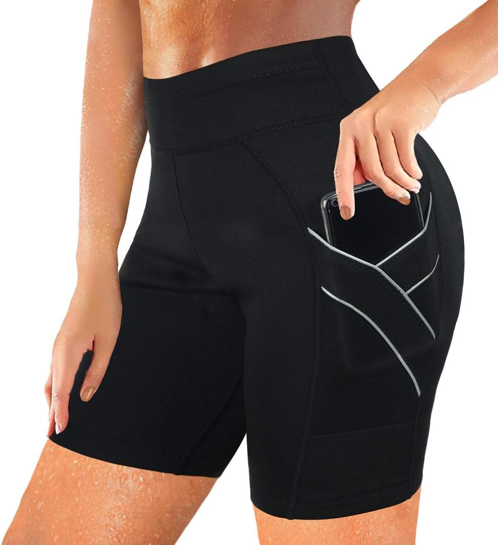 Rolewpy Women Neoprene Sauna Sweat Shorts Pocket Hot Thermo Capris Workout Slimming Pants Weight loss Leggings Body Shaper (XX-Large, Black)
