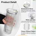 WERTIOO 20 Oz Ribbed Glass Tumblers with Straw and Lid, Glassware Drinking Glasses Set of 2, Leak Proof Ice Coffee Cups Reusable, Thickened Glass, Ideal for Iced Coffee, Smoothies and Juices