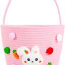 ShellKingdom Gift Basket, Cute Bunny Handle Bucket for Boys Girls, Empty Woven Cotton Rope Basket for Birthday, Gifts, Party, Home Decoration, Storage Organizer (Easter Pink)