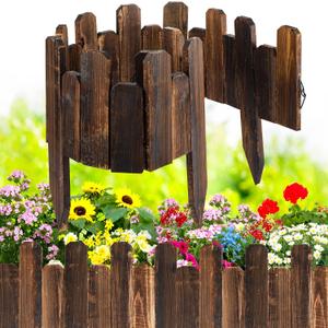Bucherry 8 Pcs Staggered Wood Garden Edging Border Short Picket Fence Burnt Wood Finish Outdoor Landscape Flower Bed Decorative Borders with Gloves for Spring Garden Lawn Yard, 7.9 x 47 Inches