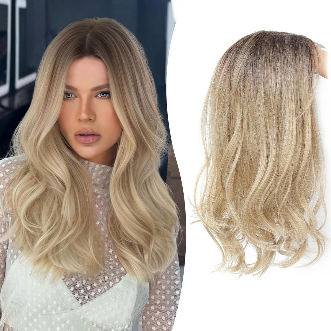 Fine Plus 18'' Hair Topper for Women with Thinning Hair & Gray Roots, Adds Volume and Natural Top Coverage with Soft Body Texture for Easy Daily Styling - Blonde with dark roots