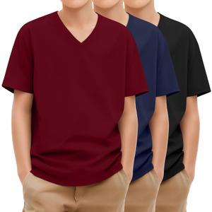 3 Pack Boys V Neck T Shirts Short Sleeve Summer Tees Kids Teen Loose Fit Soft Basic Toddler Youth Tops 3-16Y (X-Small, Burgundy, Navy Blue, Black)