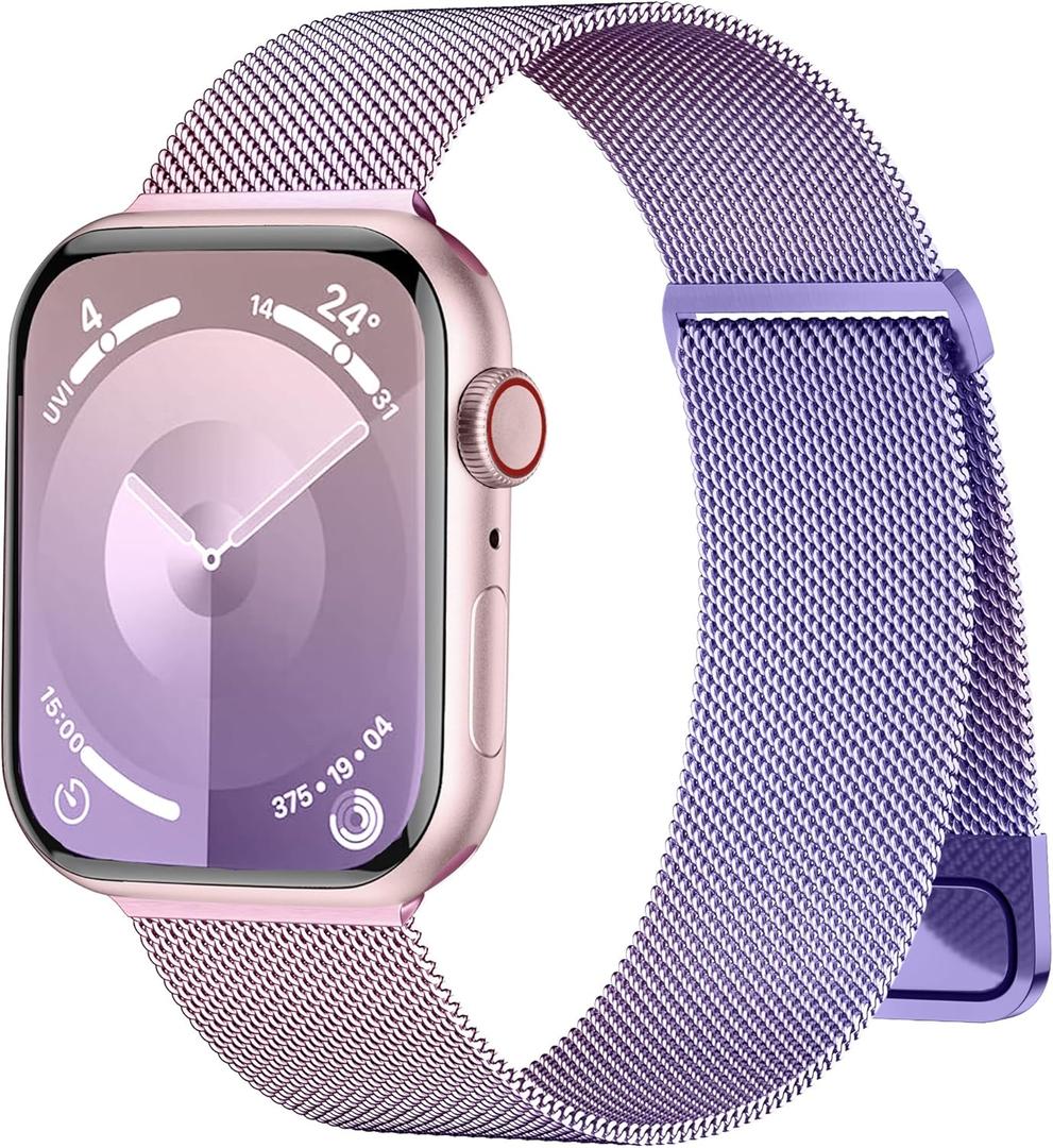 Rabini Compatible for Metal Apple Watch Series 11 10 9 8 7 6 5 4 3 SE Ultra Band 41mm 40mm 38mm 44mm 46mm 45mm 42mm 49mm, Stainless Steel Magnetic Mesh Strap for iWatch Bands Women Men Lavender Pink