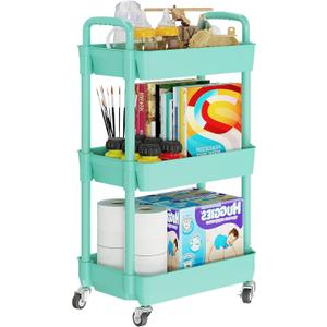Laiensia 3Tier Rolling Cart with Wheels,Multifunction Utility Storage Carts, Kitchen Storage Organizer,Mobile Shelving Unit for Bathroom,Laundry,with Classified Stickers,Green