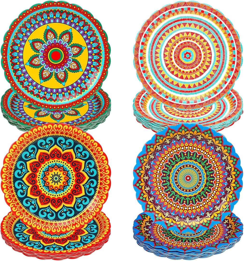 60 Pcs Fiesta Mexican Paper Plates 9 Inch Cinco De Mayo Party Dessert Disposable Taco Party Plates for Decorations Birthday Supplies Cake Favors Baby Shower Safari (Fiesta)
