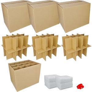3 Sets Moving Boxes with Divider Kits,16 x 12 x 13 Inch Glassware Dish Packing Box Kitchen Moving Box Corrugate Dividers with 72 Pcs Foam Pouches,1 Pcs tape rolls with dispenser(Two Layer)
