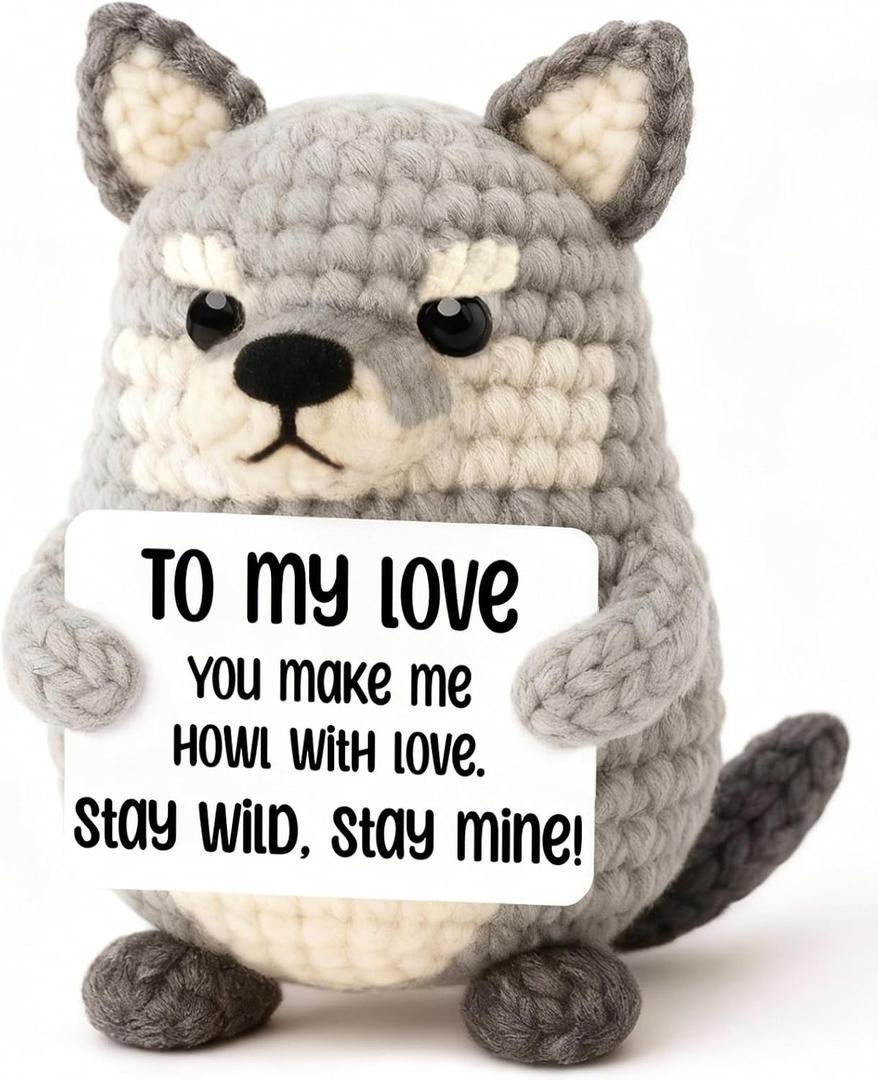 Crochet Wolf Gift for Men  Valentines Day Gift for Him, Handmade Wolf with Cute Pun Card, Romantic Stuffed Animal for Men