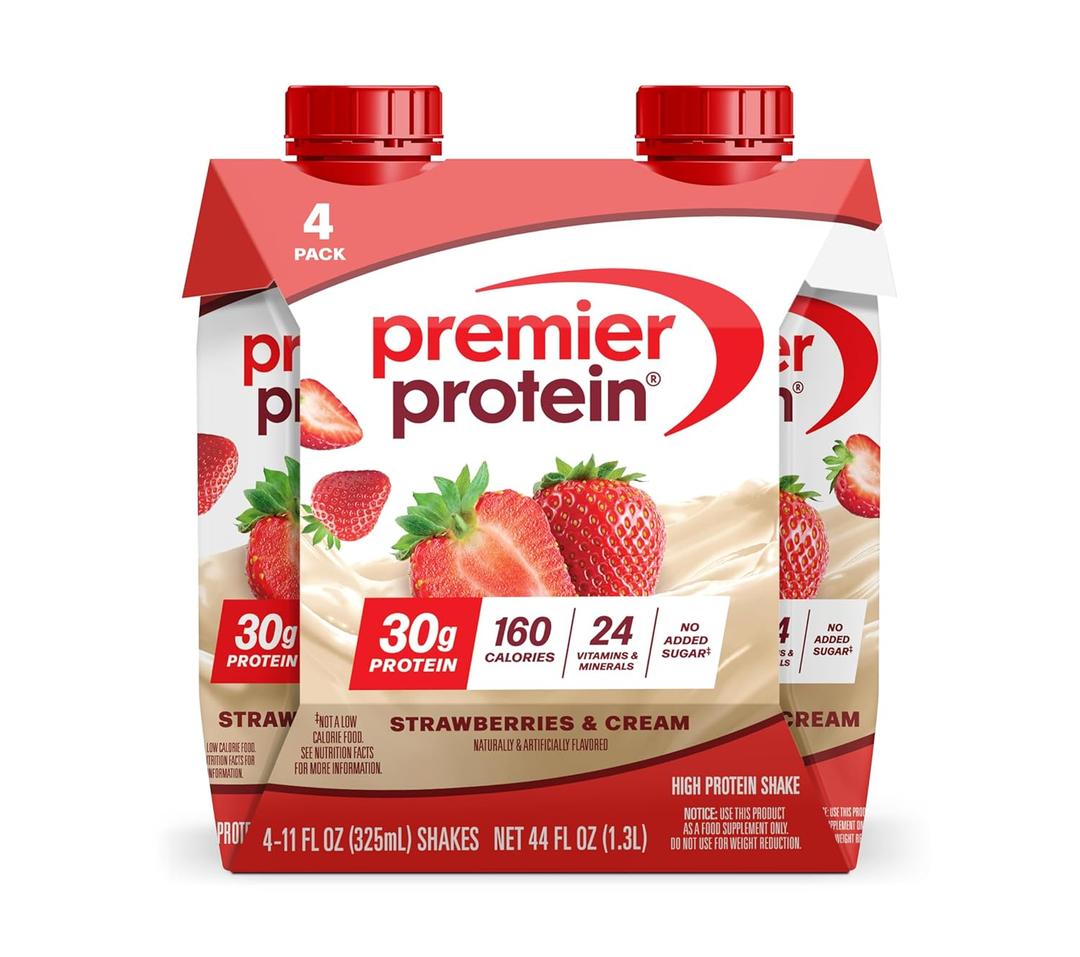 Premier Protein Shake, Strawberries & Cream, 30g Protein, No Added Sugar, 24 Vitamins & Minerals to Support Immune Health, 11 fl oz, 4 Pack, BBD 11/22/2026