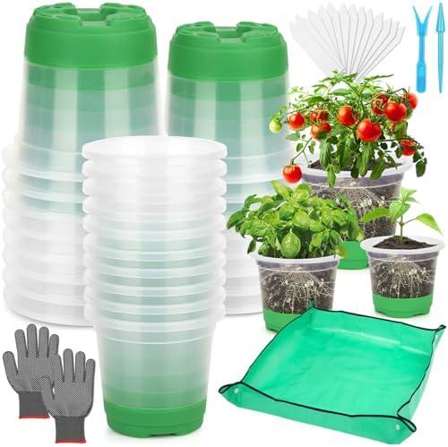 Caffox 49PCS Reusable Seed Starter Kit Includes 24 Packs 3 Sizes Clear Nursery Pots with Silicone Base, Repotting Mat, Gardening Gloves, Plant Labels and Seedling Tools for Easy Transplant