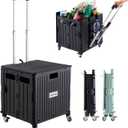 Folding Utility Cart Portable Rolling Crate Handcart Shopping Trolley Collapsible Tool Box, with Lid, on 4 Rotate Wheels, for Grocery, Shopping, Office, Teacher, Camp (Black)
