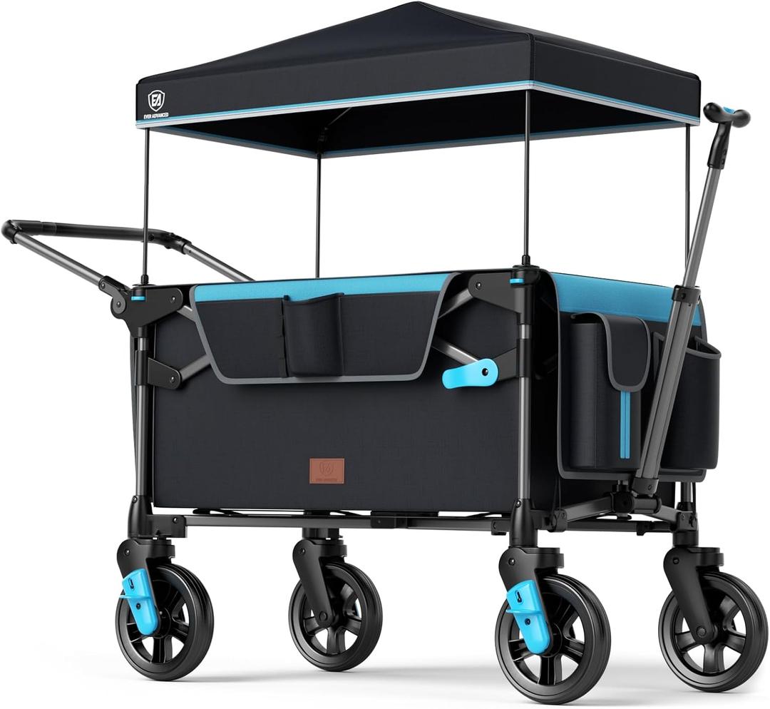EVER ADVANCED Wagon Stroller for 2 Kids, Compact One-Step Fold Stroller Wagon with Adjustable Push/Pull Handles, Folding Wagon for Travel, Park & Beach, Includes Removable UV Canopy, Blue