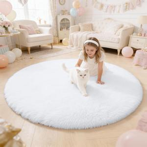 OLANLY White Round Rugs for Bedroom - Machine Washable, 4 ft Circle Area Rugs for Living Room, Soft and Fluffy Shaggy Carpet for Teen Girls and Boys, Nursery Rooms, Dorms, Home Decor Aesthetic