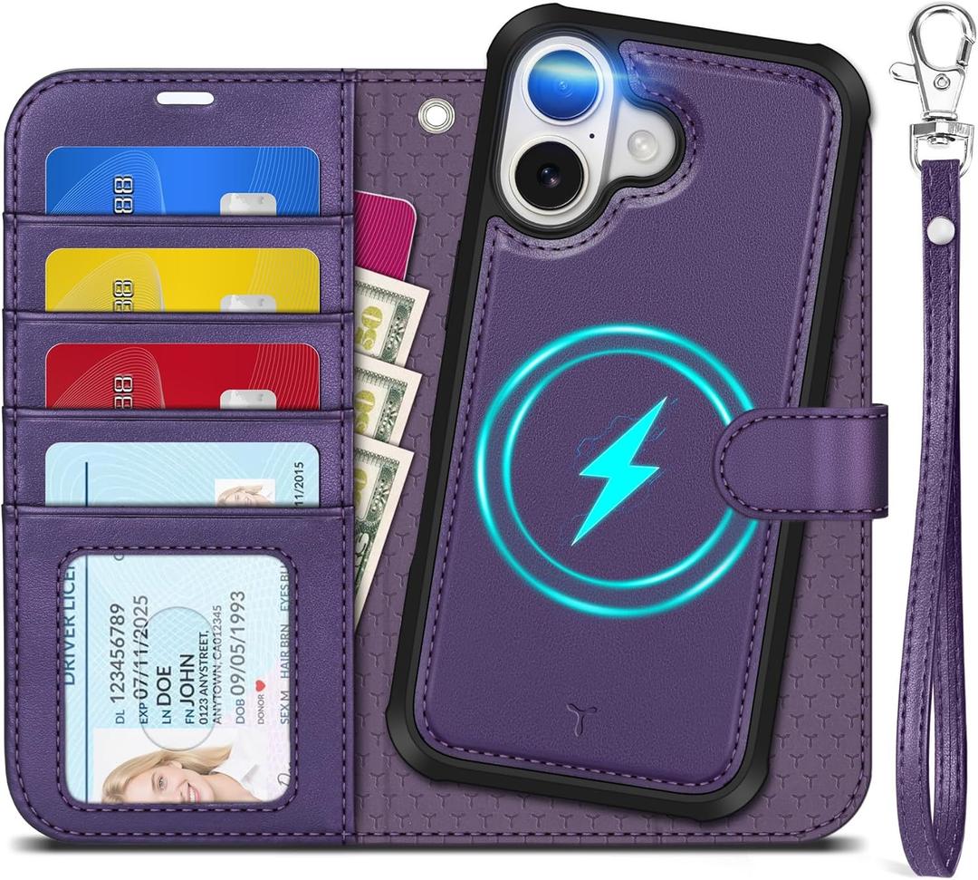 TUCCH 2-in-1 Removable Wallet Case for iPhone 17 (6.3-inch) 2025, Wireless Charging | RFID Blocking 4 Card Holders | Wrist Strap | Kickstand | Magnetic | PU Leather Protective Cover | Deep Purple