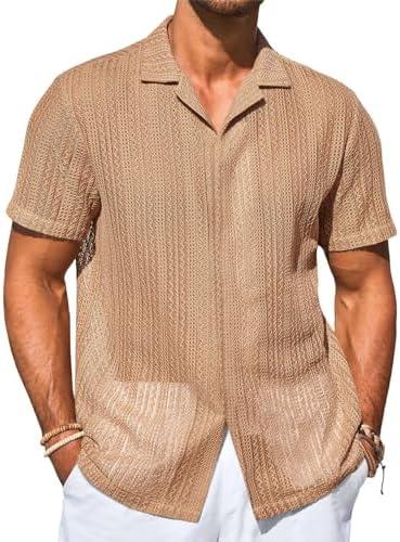 Runcati Mens Button Down Shirts Cuban Collar Casual Short Sleeve Shirt Summer Beach Hollow Out Tops L