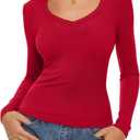 REORIA Womens Long Sleeve Shirts 2025 Fall Trendy Deep V Neck Slim Fit Basic Tops Casual Going Out Top Tee Blouse (XS)