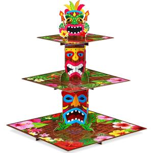 Zopeal 3 Tier Hawaiian Cupcake Stand Tiki Torch Cupcake Holder Luau Theme Cake Holder Decorations Tropical Dessert Holder for Summer Pool Beach Birthday Party Supplies (1 Pack)