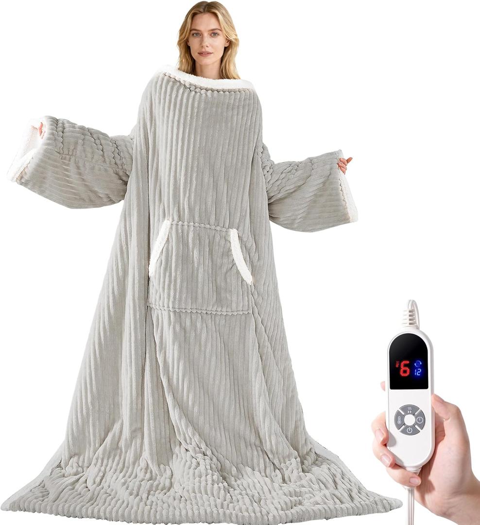 Heated Wearable Electric Blanket with Sleeves & Foot Pocket, Stripe Fleece Sherpa, 6 Heat Levels 12H Timer Setting, Over-Heat Protection, Machine Washable, 52x72 Inches Gray for Office/Home/Gift (Long)